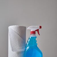 Spray bottle filled with cleaning spray and a roll of paper towels on the side.