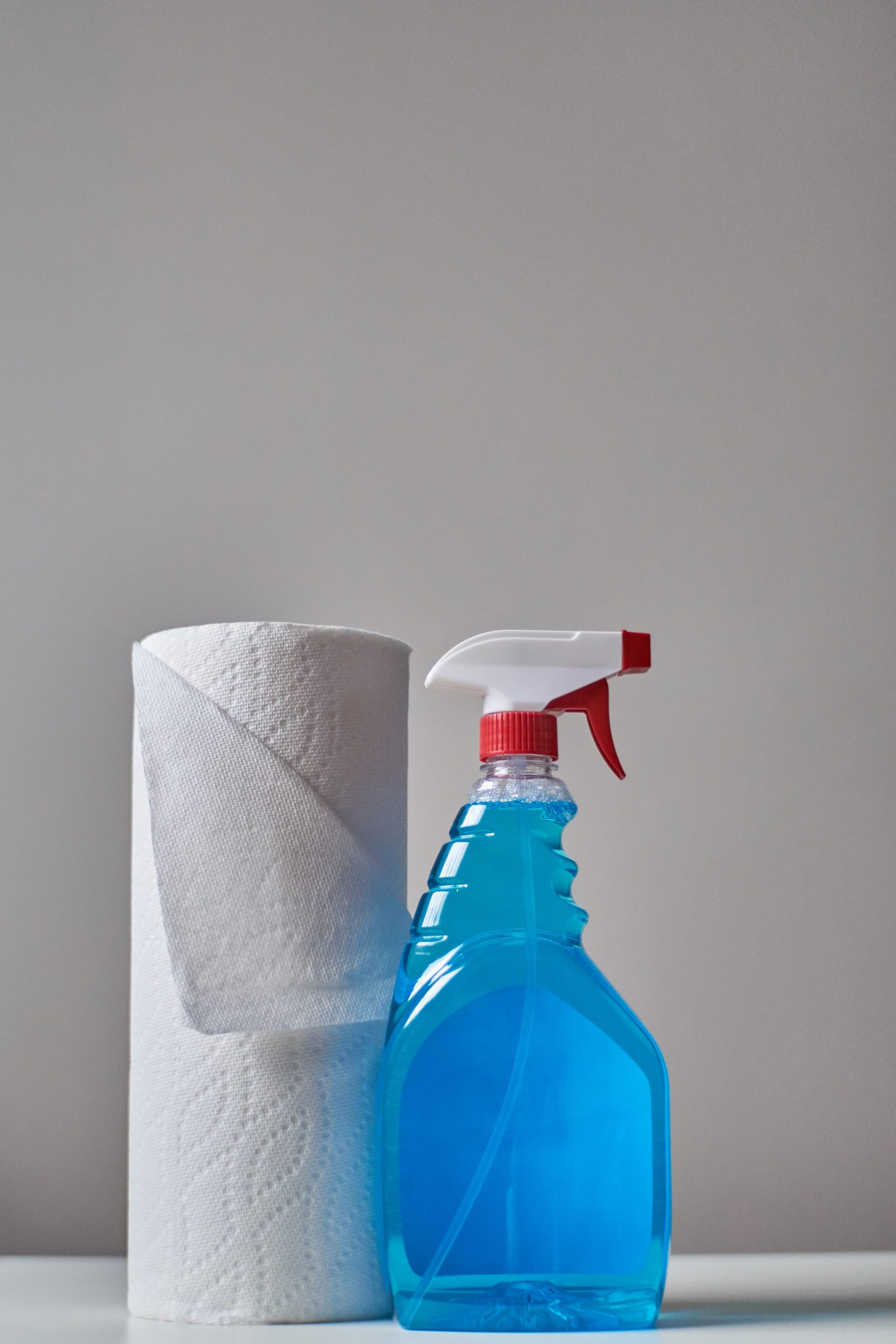 Spray bottle filled with cleaning spray and a roll of paper towels on the side.