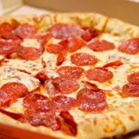 Closeup of a pepperoni pizza