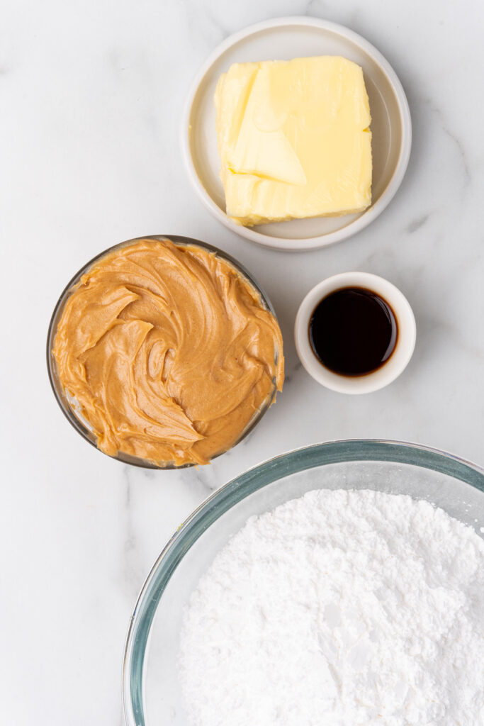 Ingredients for microwave peanut butter fudge.