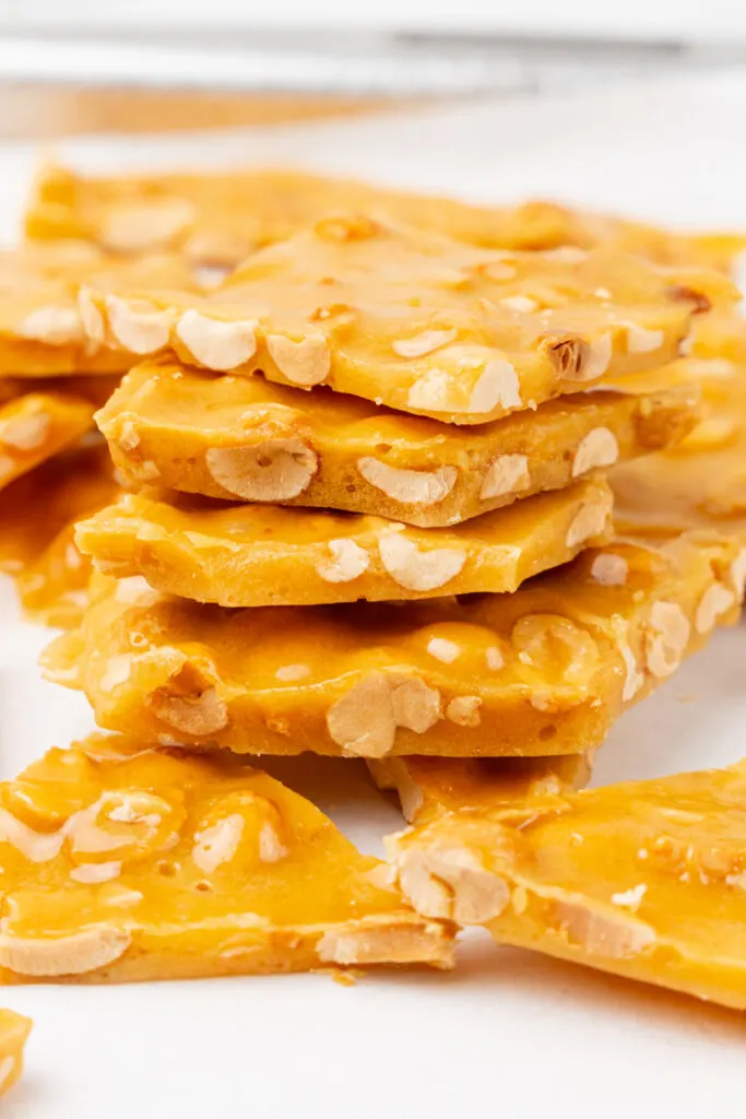 Stack of microwave peanut brittle.