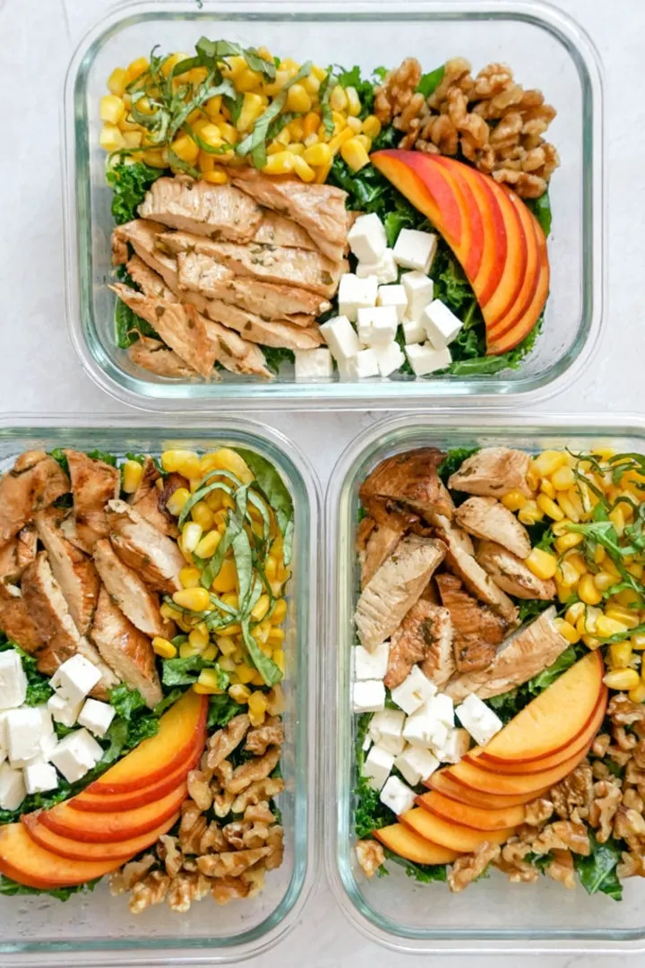 chicken salad in glass meal prep containers